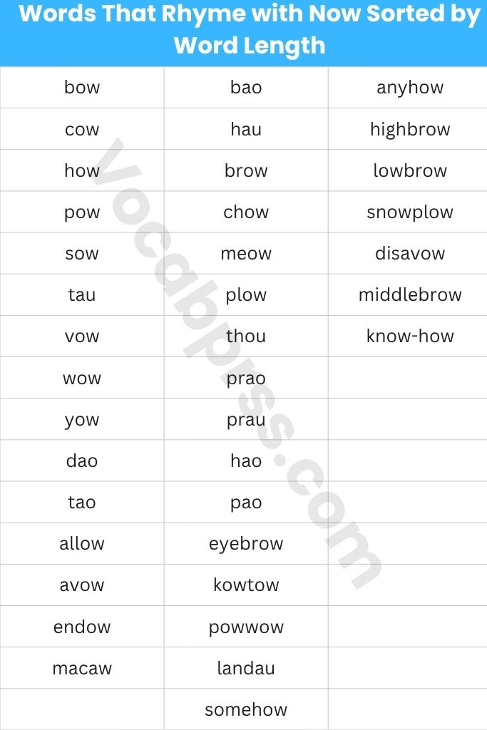Words That Rhyme with Now Sorted by Word Length